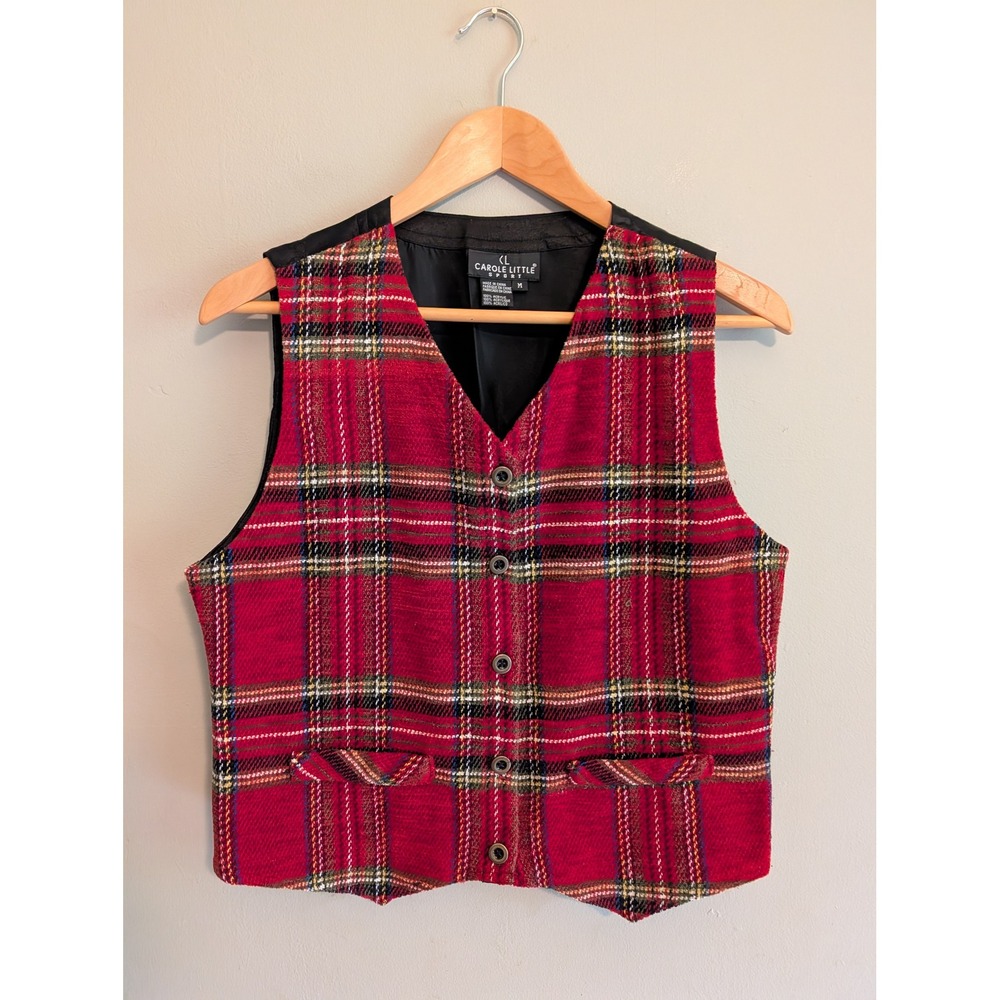 Vintage Red Plaid Button Front Vest Waistcoat Medium Holiday Eclectic Grandma